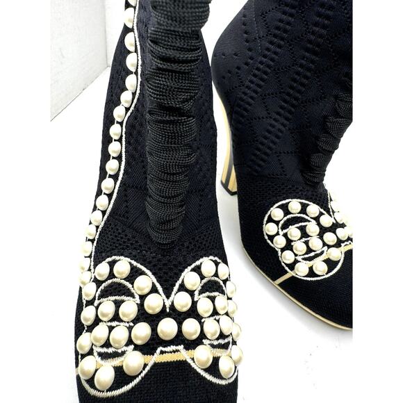 Fendi Rockoko Pearl Embellished Black Stretch Sock Boots 105mm Heels Size 37 - Picture 9 of 13